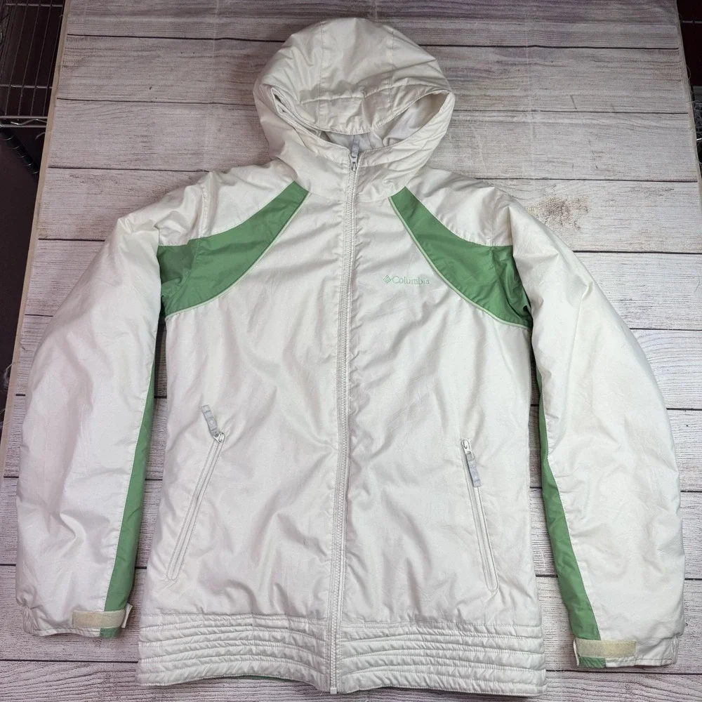 Columbia Youth 18/20 Hooded Winter Coat Jacket White Green Fleece Lined READ